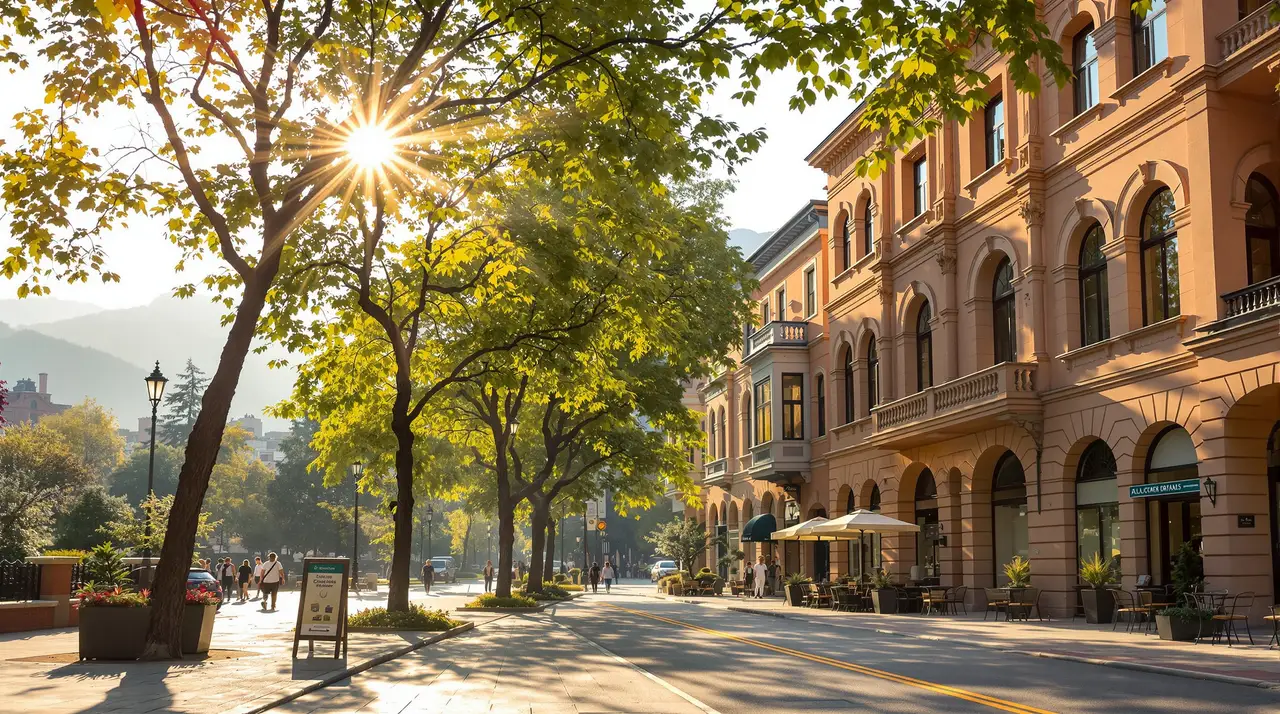 Allee mit Tuffsteinfassaden im Abendlicht