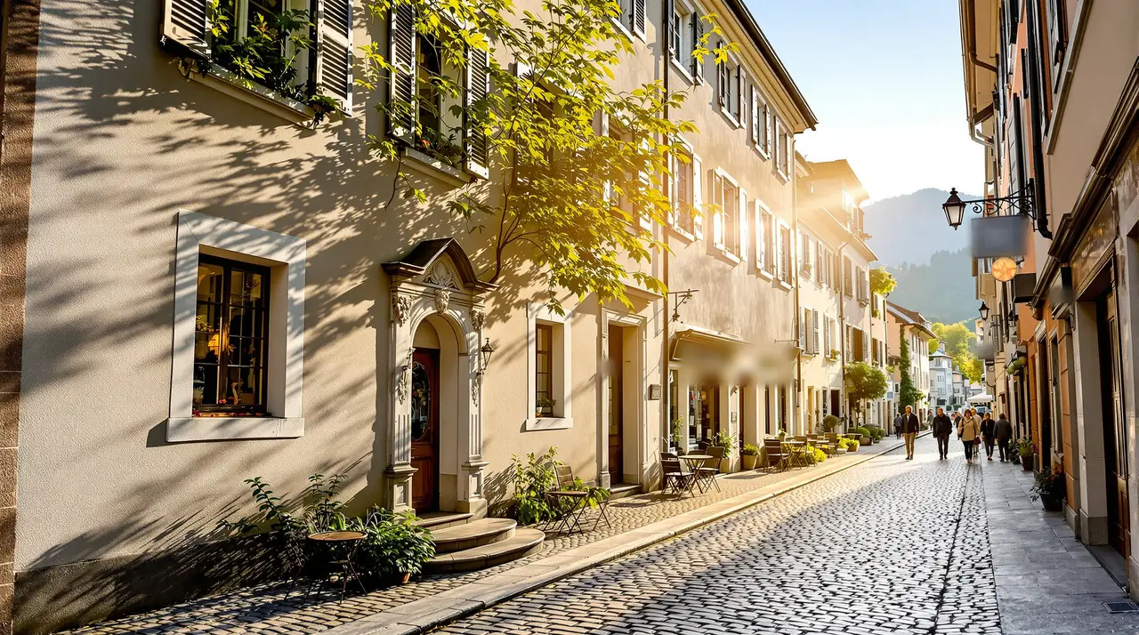 Altstadtgasse mit Kopfsteinpflaster und Cafétischen im Abendlicht