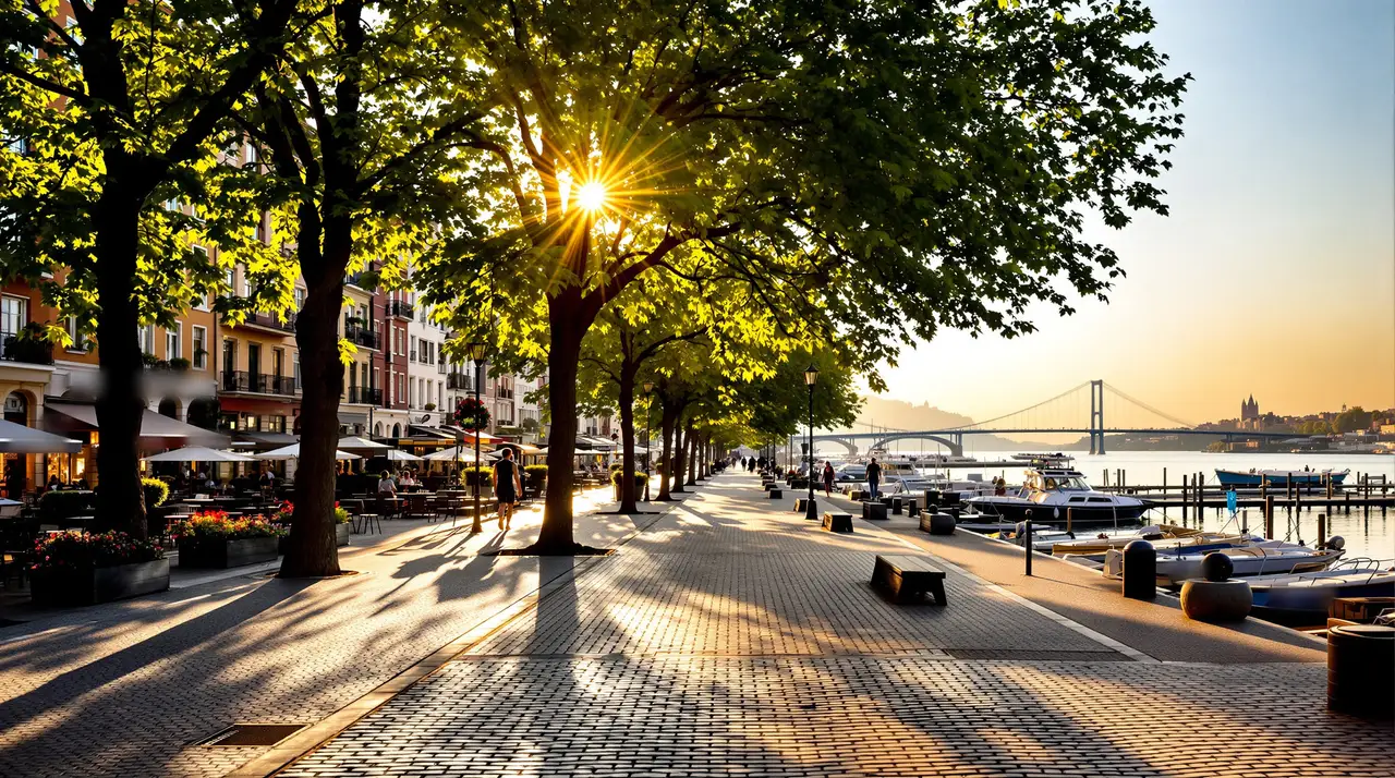 Klassizistische Uferpromenade einer europäischen Flussstadt im Abendlicht